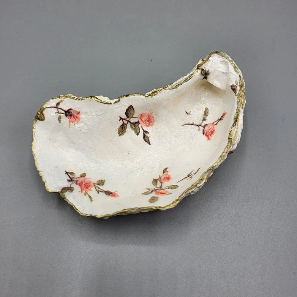 Vintage Decorative Oyster Shell Trinket Ring Dish Painted Pink Rose Design
